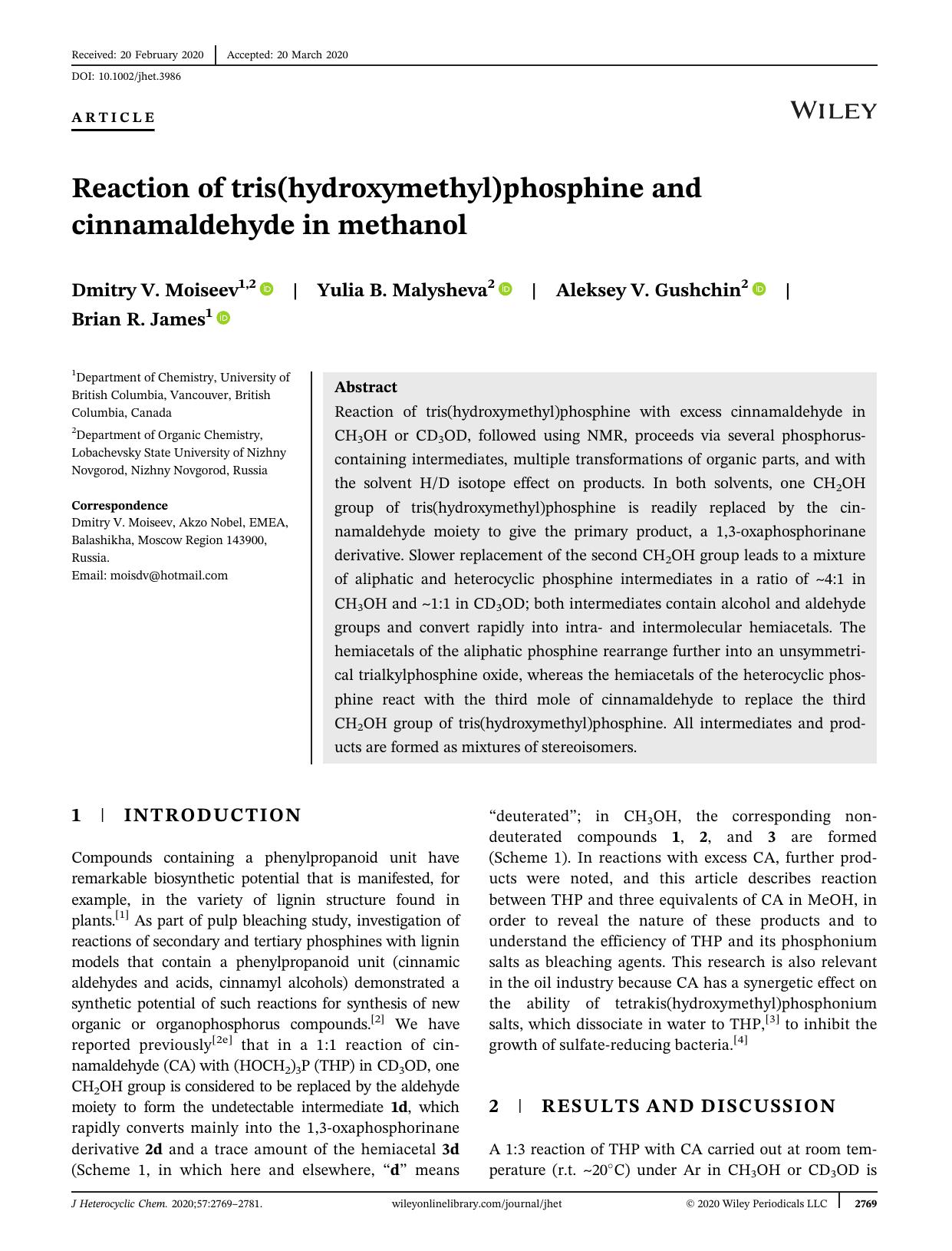 Reaction of Tris(hydroxymethyl)phosphine and Cinnamaldehyde in Methanol by Unknown