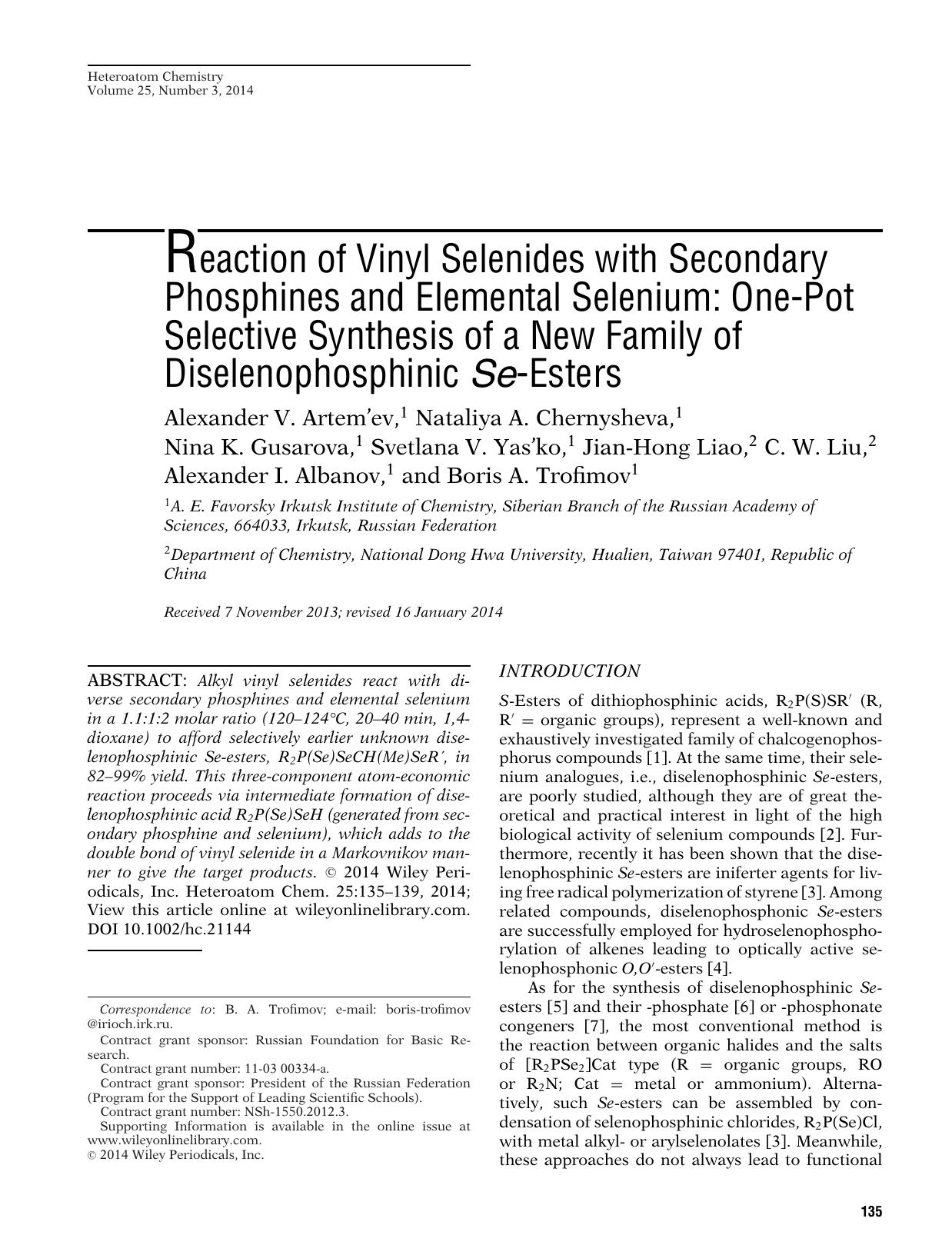 Reaction of Vinyl Selenides with Secondary Phosphines and Elemental Selenium: OnePot Selective Synthesis of a New Family of Diselenophosphinic SeEsters by Unknown