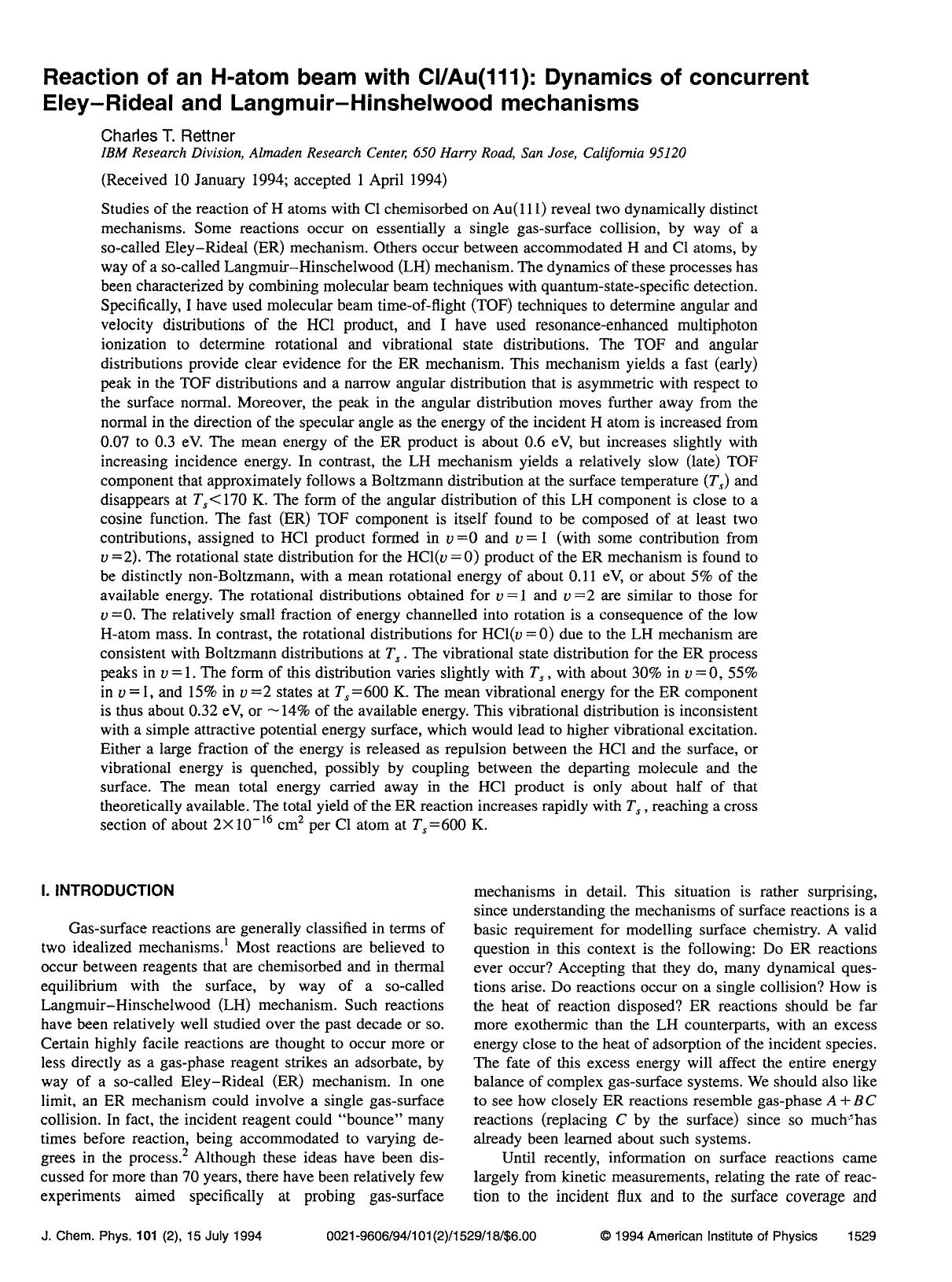 Reaction of an H-atom beam with ClAu(111): Dynamics of concurrent Eley--Rideal and Langmuir--Hinshelwood mechanisms by Charles T. Rettner