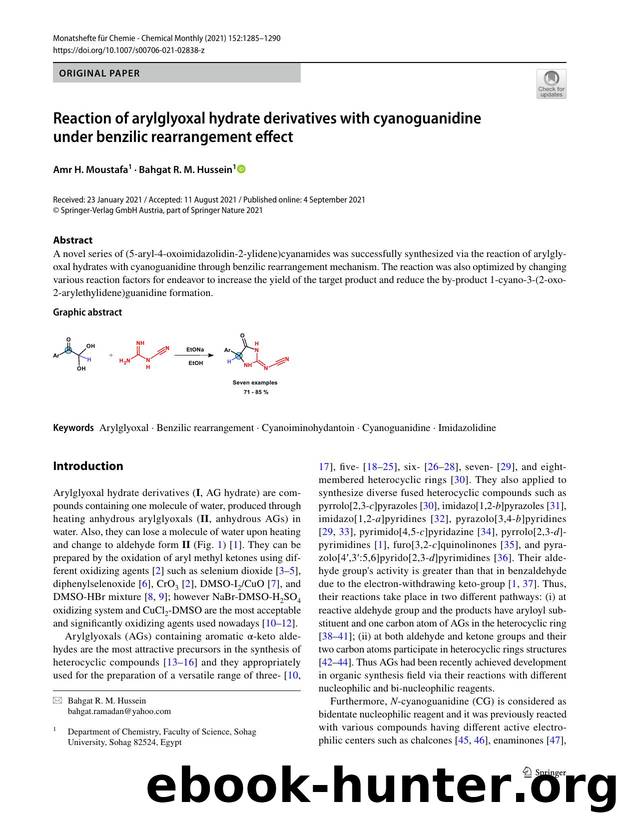 Reaction of arylglyoxal hydrate derivatives with cyanoguanidine under benzilic rearrangement effect by Amr H. Moustafa & Bahgat R. M. Hussein