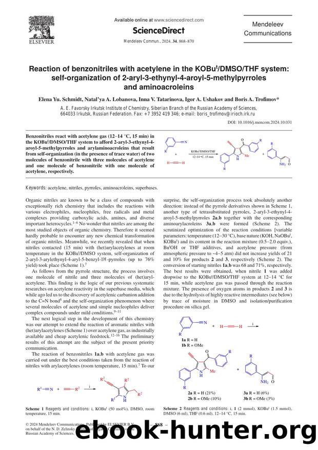 Reaction of benzonitriles with acetylene in the KOButDMSOTHF system: self-organization of 2-aryl-3-ethynyl-4-aroyl-5-methylpyrroles and aminoacroleins by unknow