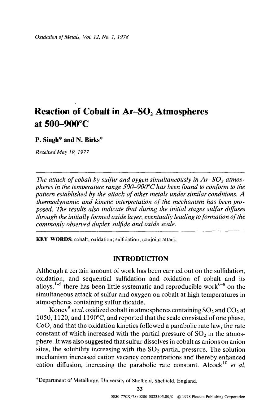 Reaction of cobalt in Ar-SO <Subscript>2 <Subscript> atmospheres at 500&#x2013;900&#x00B0;C by Unknown