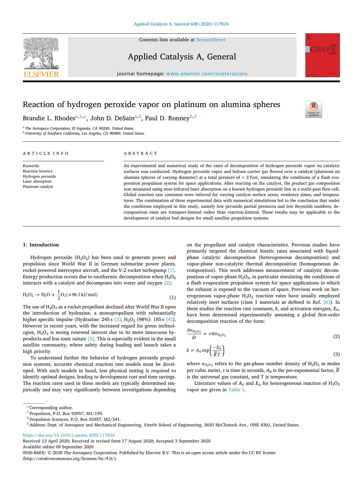 Reaction of hydrogen peroxide vapor on platinum on alumina spheres by Brandie L. Rhodes & John D. DeSain & Paul D. Ronney