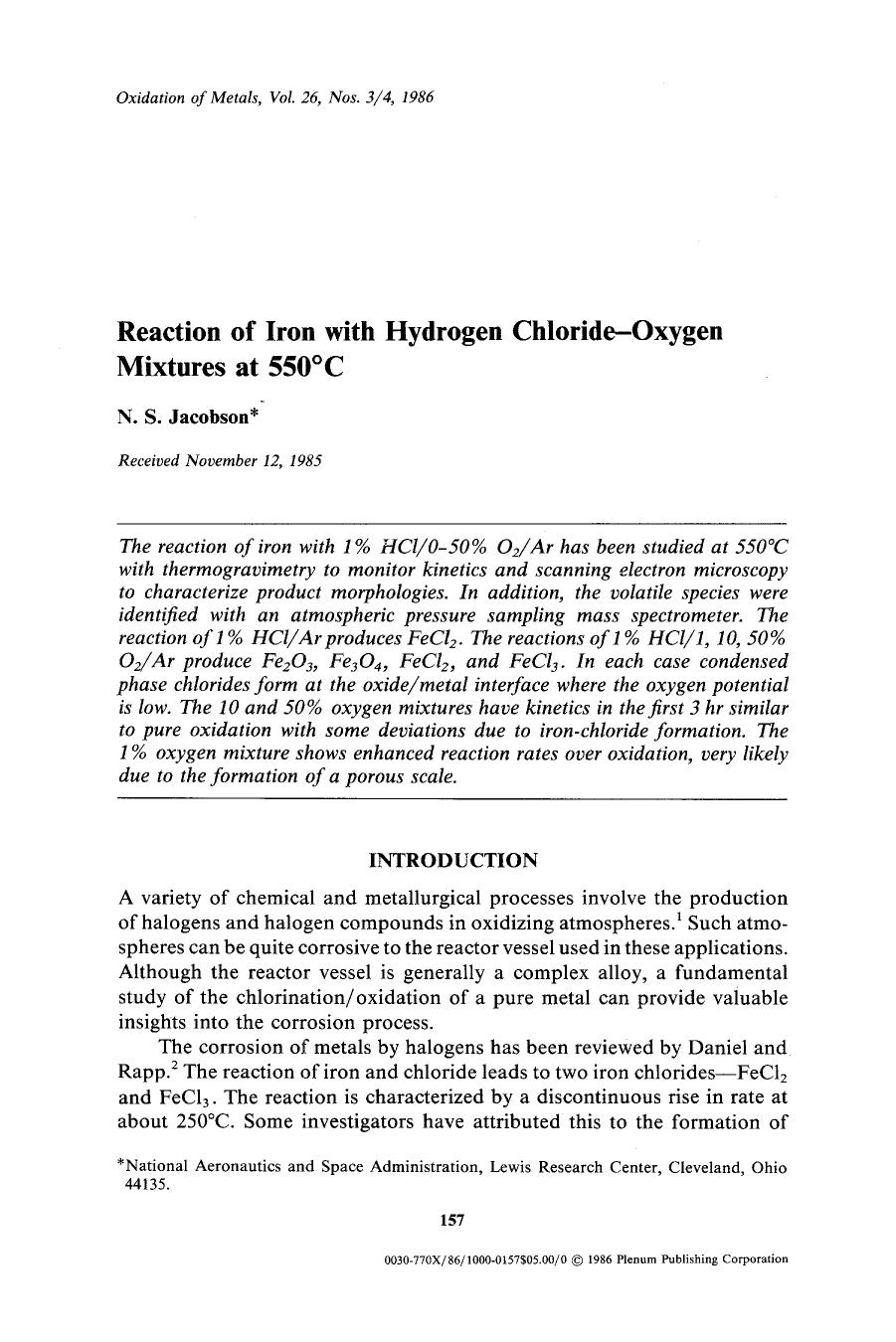 Reaction of iron with hydrogen chloride-oxygen mixtures at 550&#x00B0;C by Unknown