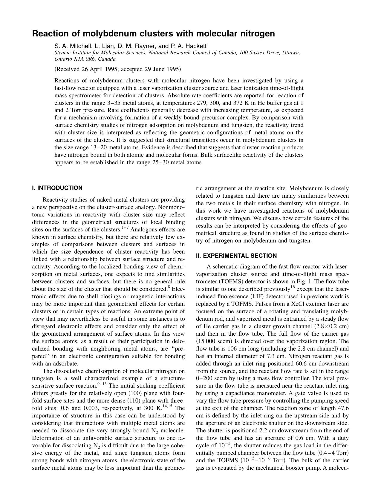 Reaction of molybdenum clusters with molecular nitrogen by S. A. Mitchell & L. Lian & D. M. Rayner & and P. A. Hackett