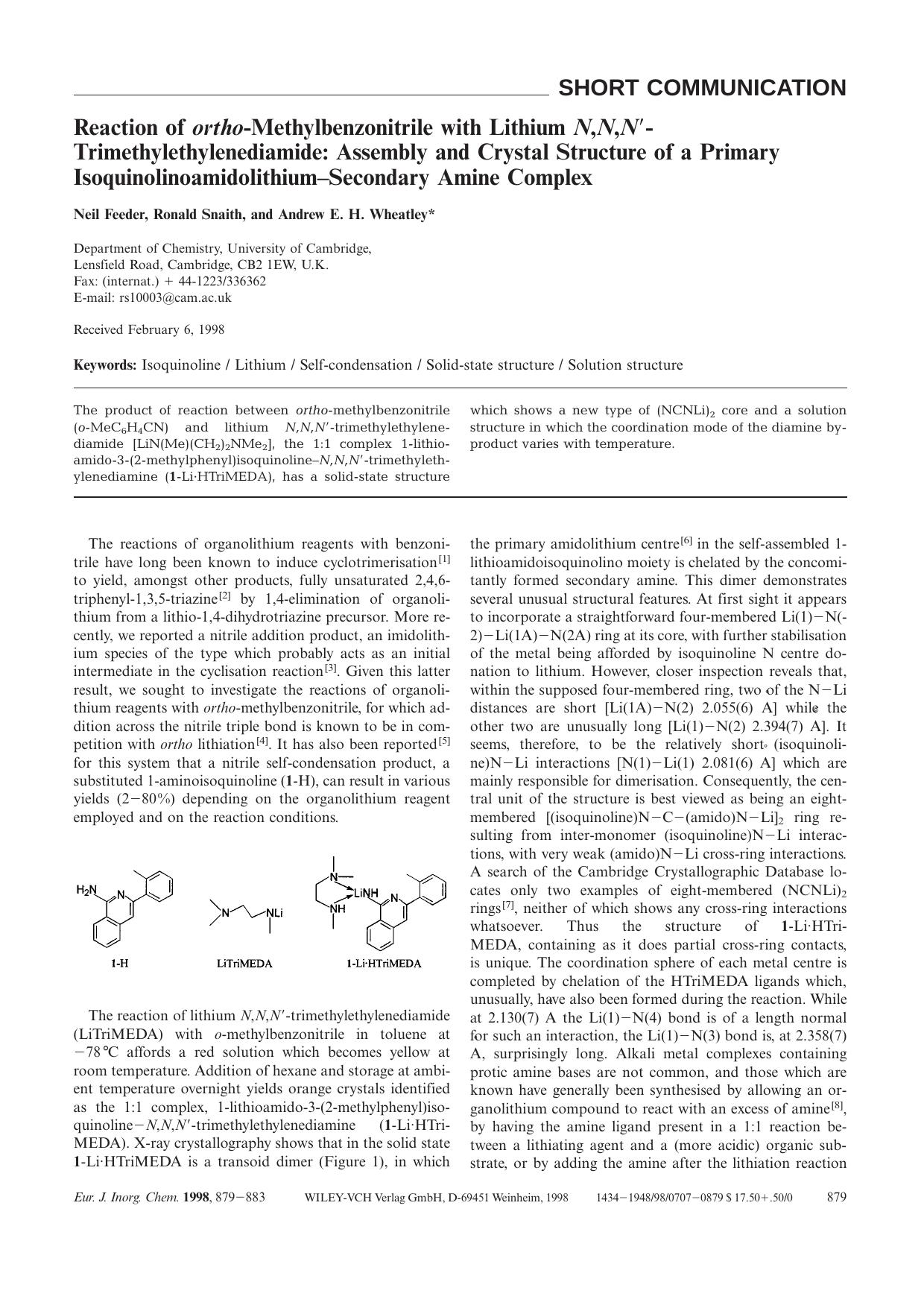 Reaction of ortho-Methylbenzonitrile with Lithium N,N,N[prime]-Trimethylethylenediamide: Assembly and Crystal Structure of a Primary Isoquinolinoamidolithium-Secondary Amine Complex by Unknown