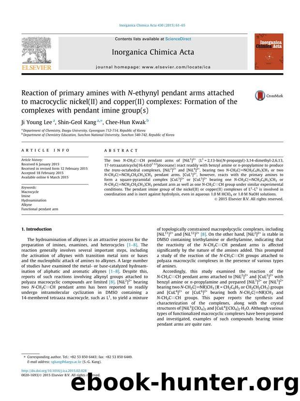 Reaction of primary amines with N-ethynyl pendant arms attached to macrocyclic nickel(II) and copper(II) complexes: Formation of the complexes with pendant imine group(s) by Ji Young Lee & Shin-Geol Kang & Chee-Hun Kwak