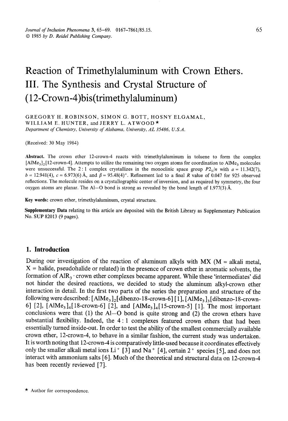 Reaction of trimethylaluminum with crown ethers. III. The synthesis and crystal structure of (12-crown-4)bis(trimethylaluminum) by Unknown
