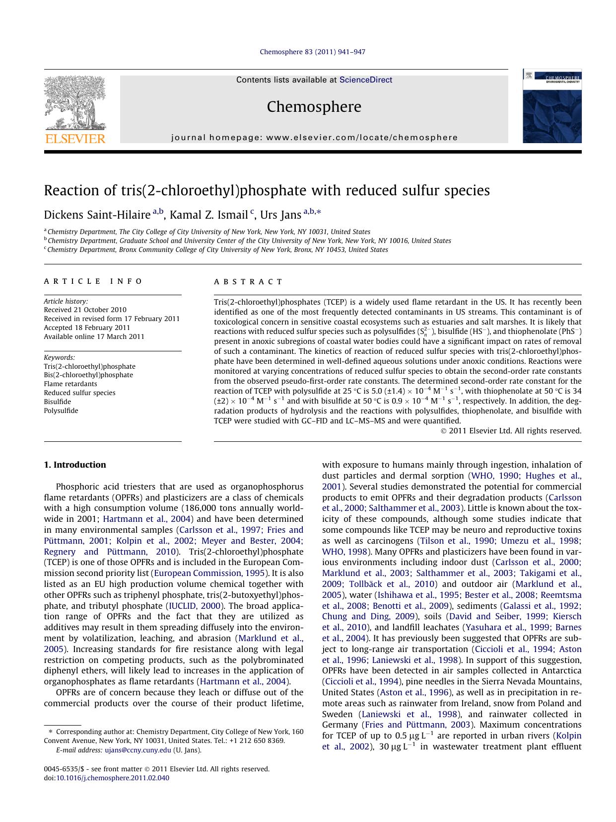Reaction of tris(2-chloroethyl)phosphate with reduced sulfur species by Dickens Saint-Hilaire & Kamal Z. Ismail & Urs Jans