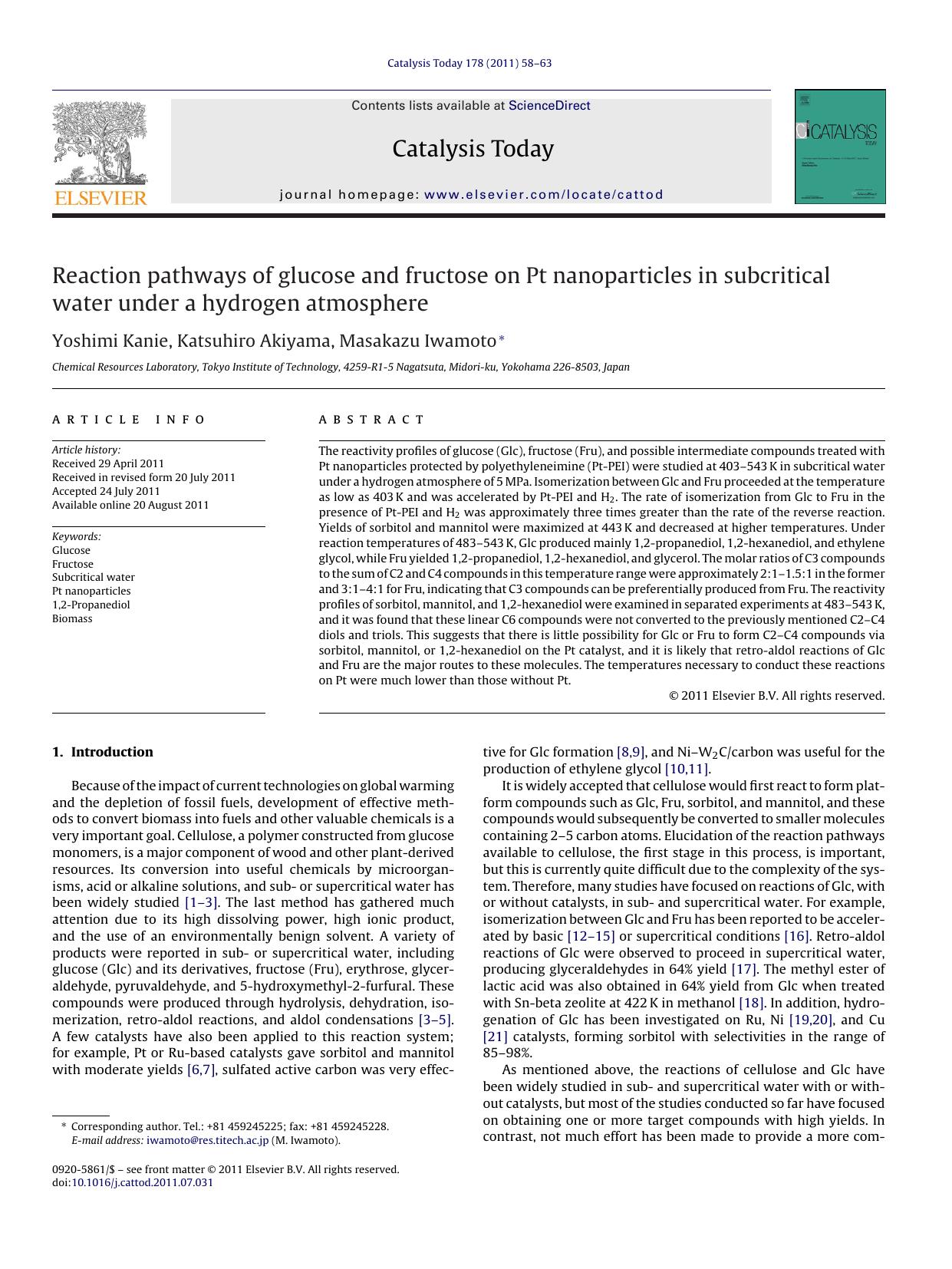 Reaction pathways of glucose and fructose on Pt nanoparticles in subcritical water under a hydrogen atmosphere by Yoshimi Kanie