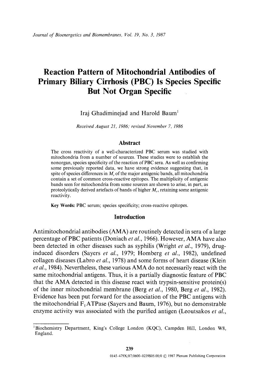 Reaction pattern of mitochondrial antibodies of primary biliary cirrhosis (PBC) is species specific but not organ specific by Unknown