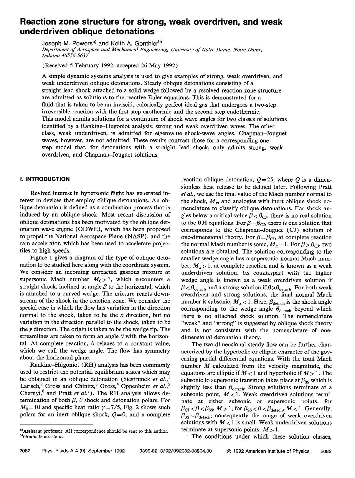 Reaction zone structure for strong, weak overdriven, and weak underdriven oblique detonations by Joseph M. Powers; Keith A. Gonthier