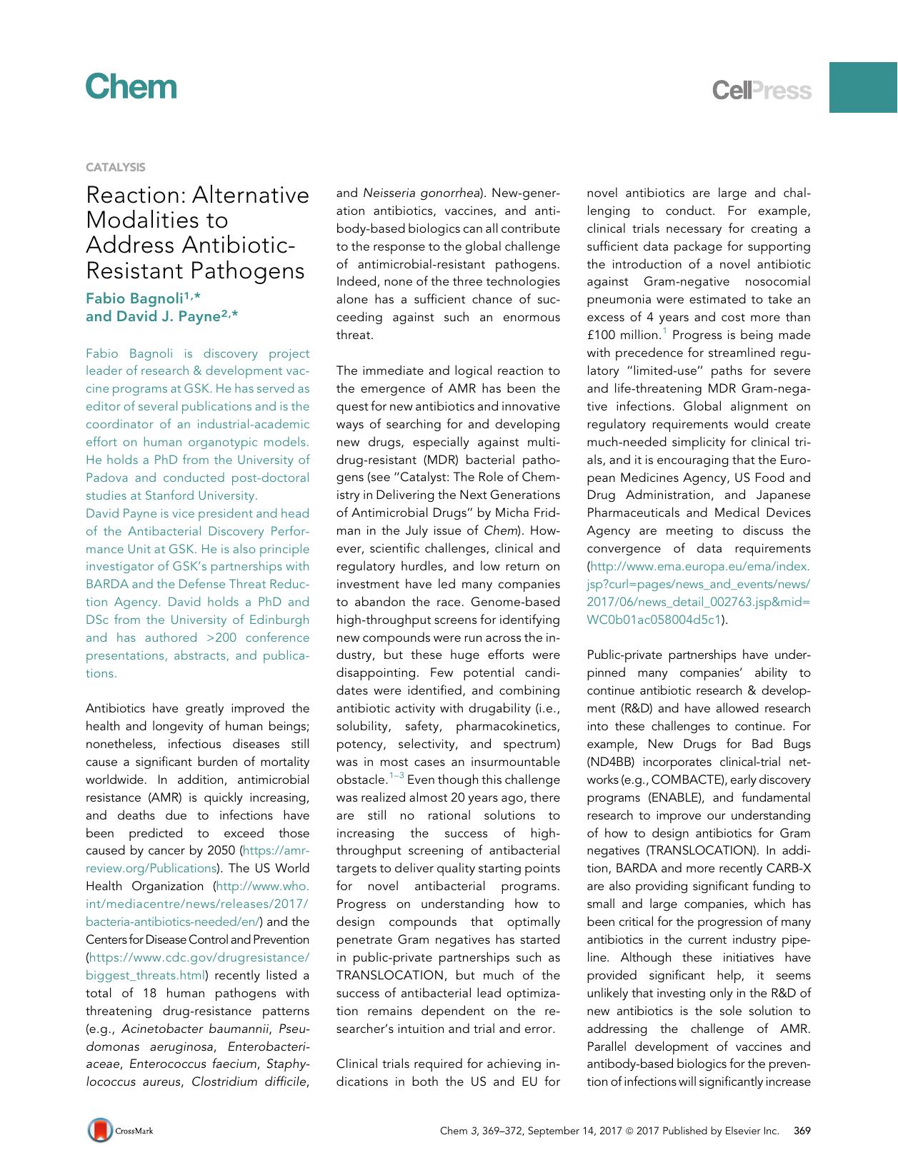 Reaction: Alternative Modalities to Address Antibiotic-Resistant Pathogens by Fabio Bagnoli & David J. Payne