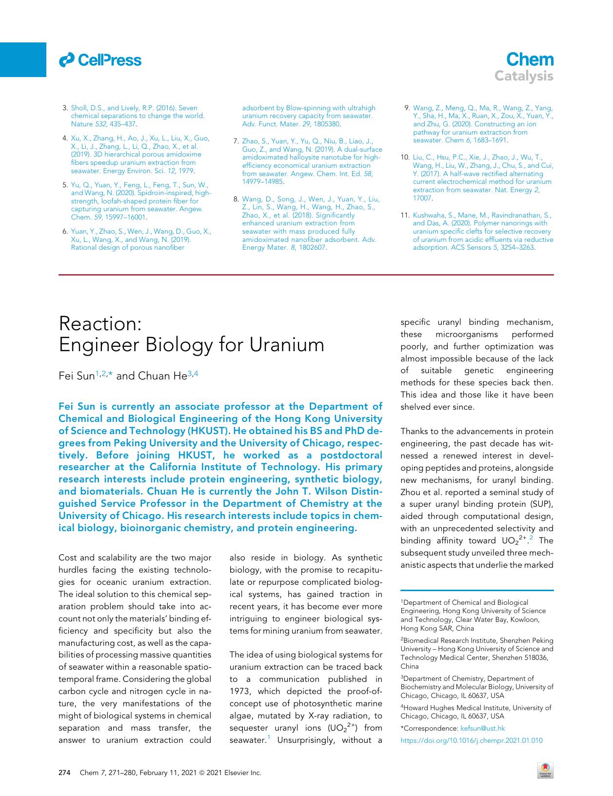 Reaction: Engineer Biology for Uranium by Fei Sun & Chuan He