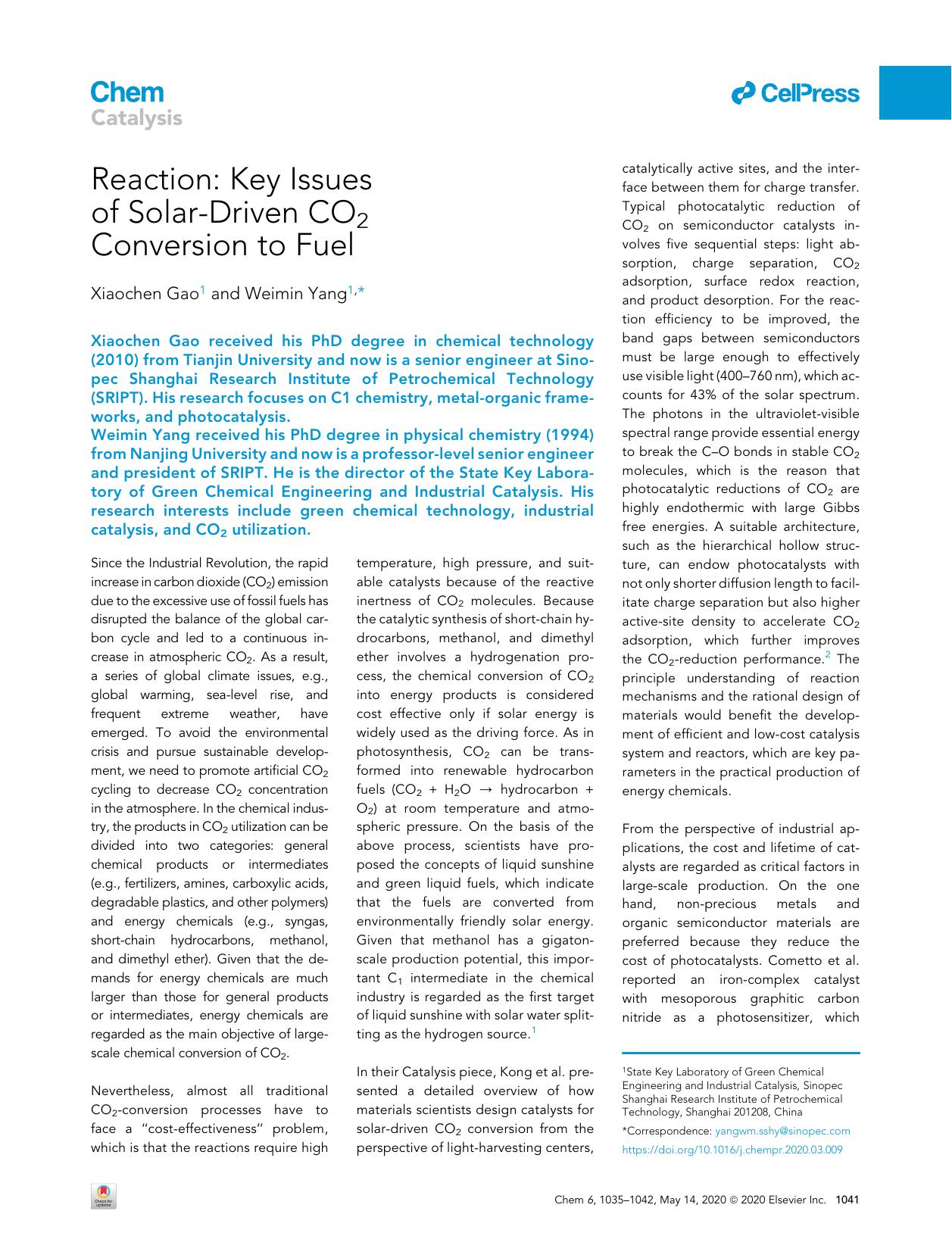 Reaction: Key Issues of Solar-Driven CO2 Conversion to Fuel by Xiaochen Gao & Weimin Yang