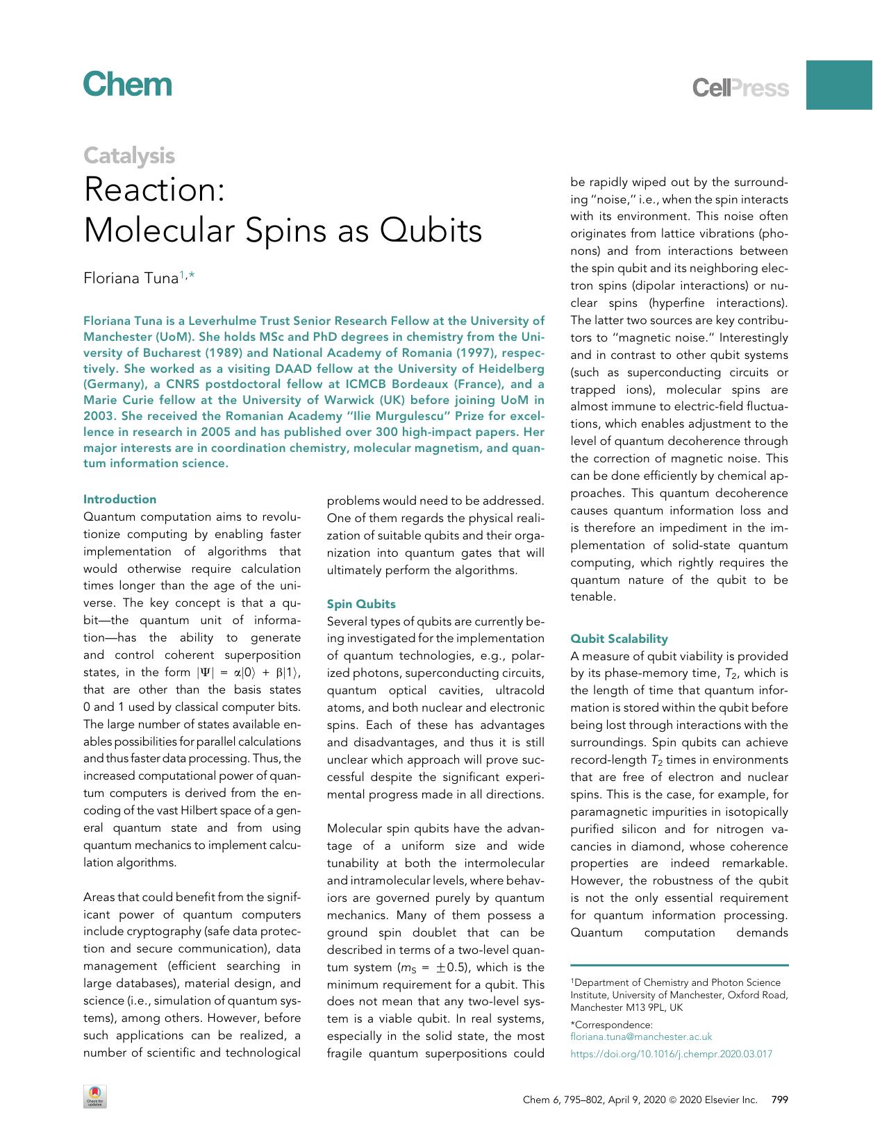 Reaction: Molecular Spins as Qubits by Floriana Tuna