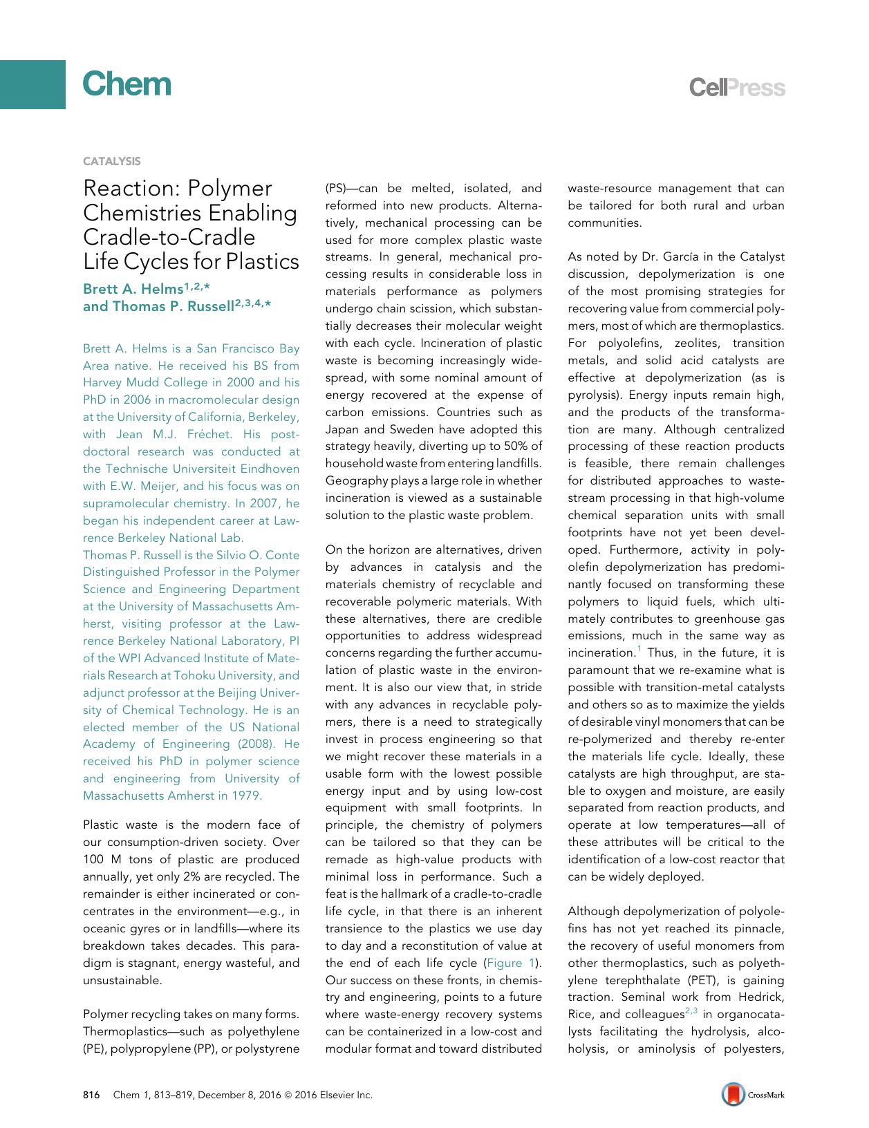 Reaction: Polymer Chemistries Enabling Cradle-to-Cradle Life Cycles for Plastics by Brett A. Helms & Thomas P. Russell