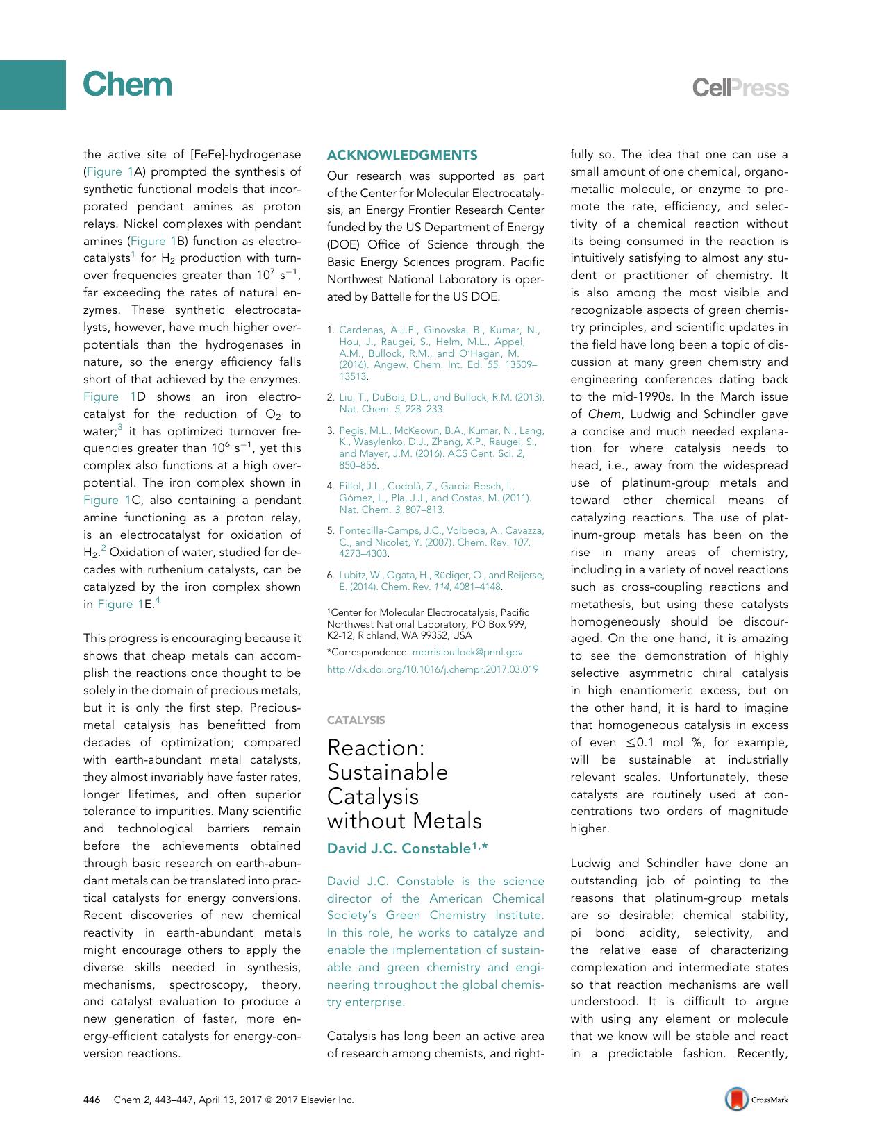 Reaction: Sustainable Catalysis without Metals by David J.C. Constable
