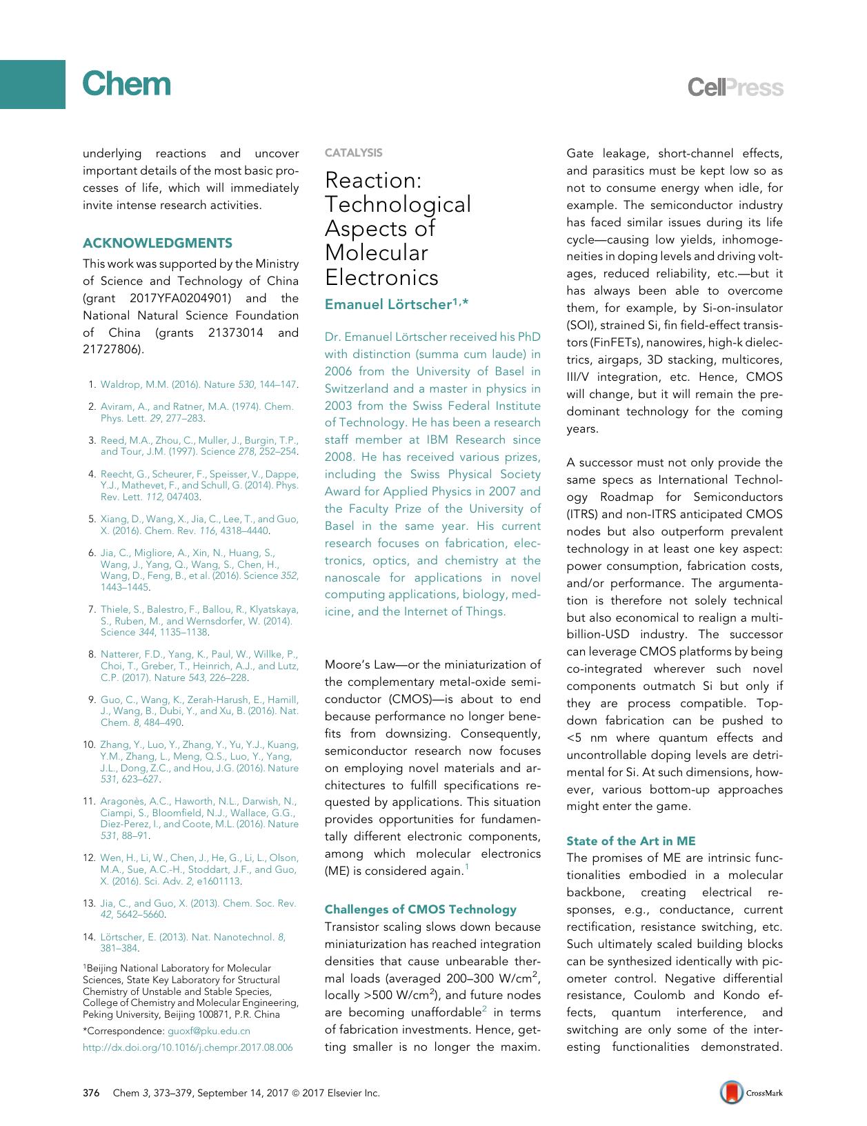 Reaction: Technological Aspects of Molecular Electronics by Emanuel Lörtscher