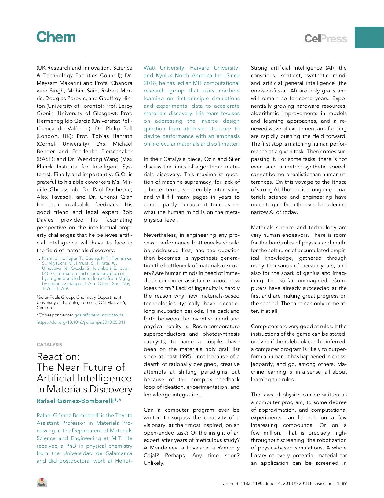 Reaction: The Near Future of Artificial Intelligence in Materials Discovery by Rafael Gómez-Bombarelli