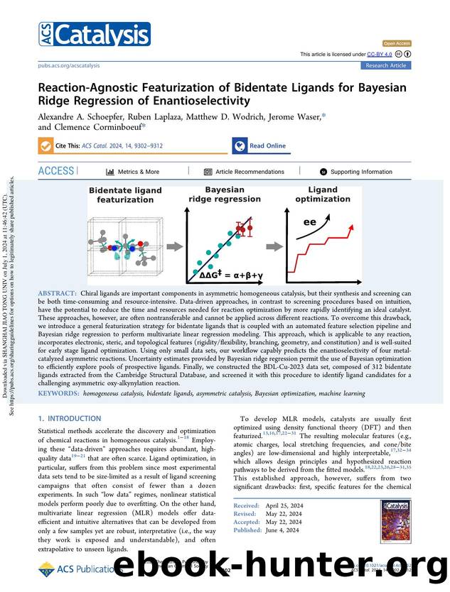Reaction-Agnostic Featurization of Bidentate Ligands for Bayesian Ridge Regression of Enantioselectivity by Alexandre A. Schoepfer Ruben Laplaza Matthew D. Wodrich Jerome Waser & Clemence Corminboeuf