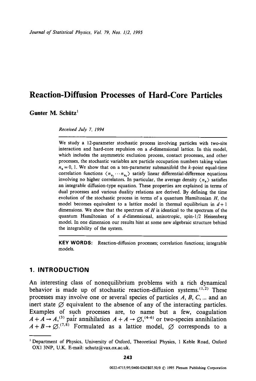 Reaction-diffusion processes of hard-core particles by Unknown