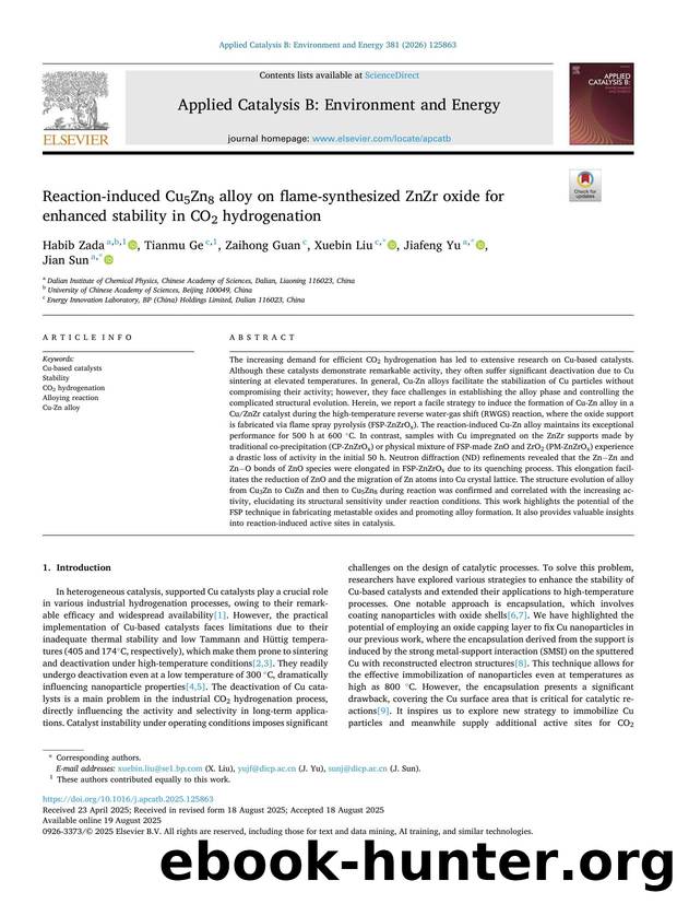Reaction-induced Cu5Zn8 alloy on flame-synthesized ZnZr oxide for enhanced stability in CO2 hydrogenation by Habib Zada & Tianmu Ge & Zaihong Guan & Xuebin Liu & Jiafeng Yu & Jian Sun