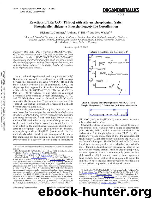 Reactions of [Ru(CO)2(PPh3)3] with Alkynylphosphonium Salts: Phosphaallenylidene vs Phosphonioacetylide Coordination by Richard L. Cordiner† Anthony F. Hill*† & Jörg Wagler†‡