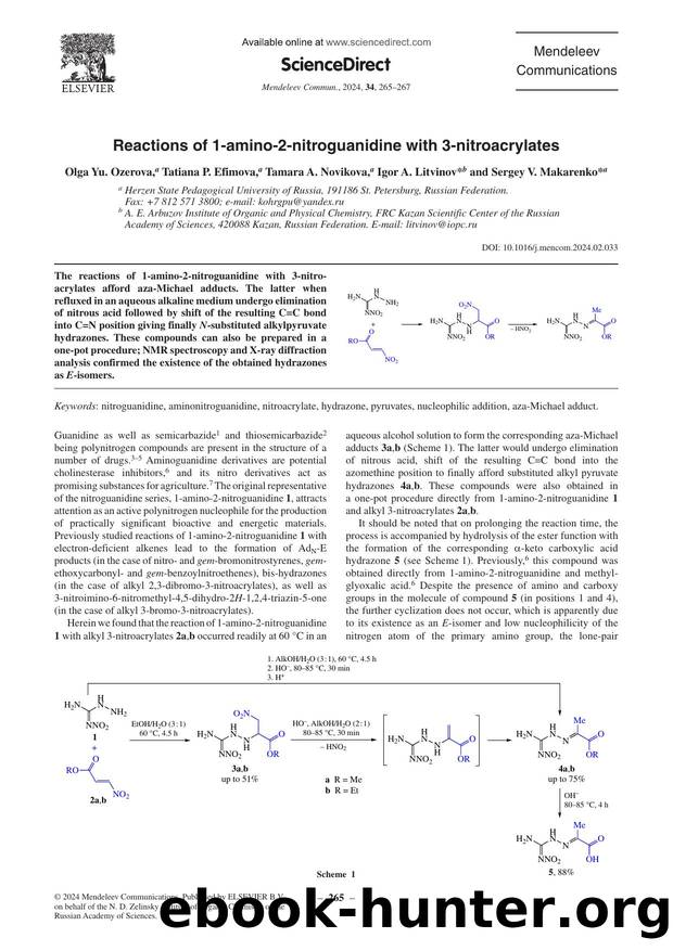 Reactions of 1-amino-2-nitroguanidine with 3-nitroacrylates by Olga Yu. Ozerova & Tatiana P. Efimova & Tamara A. Novikova & Igor A. Litvinov & Sergey V. Makarenko