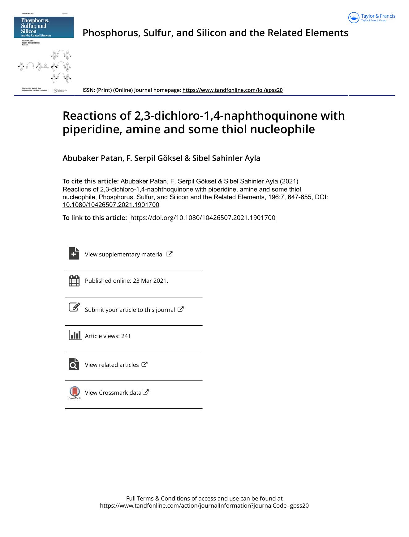Reactions of 2,3-dichloro-1,4-naphthoquinone with piperidine, amine and some thiol nucleophile by Patan Abubaker & Göksel F. Serpil & Sahinler Ayla Sibel