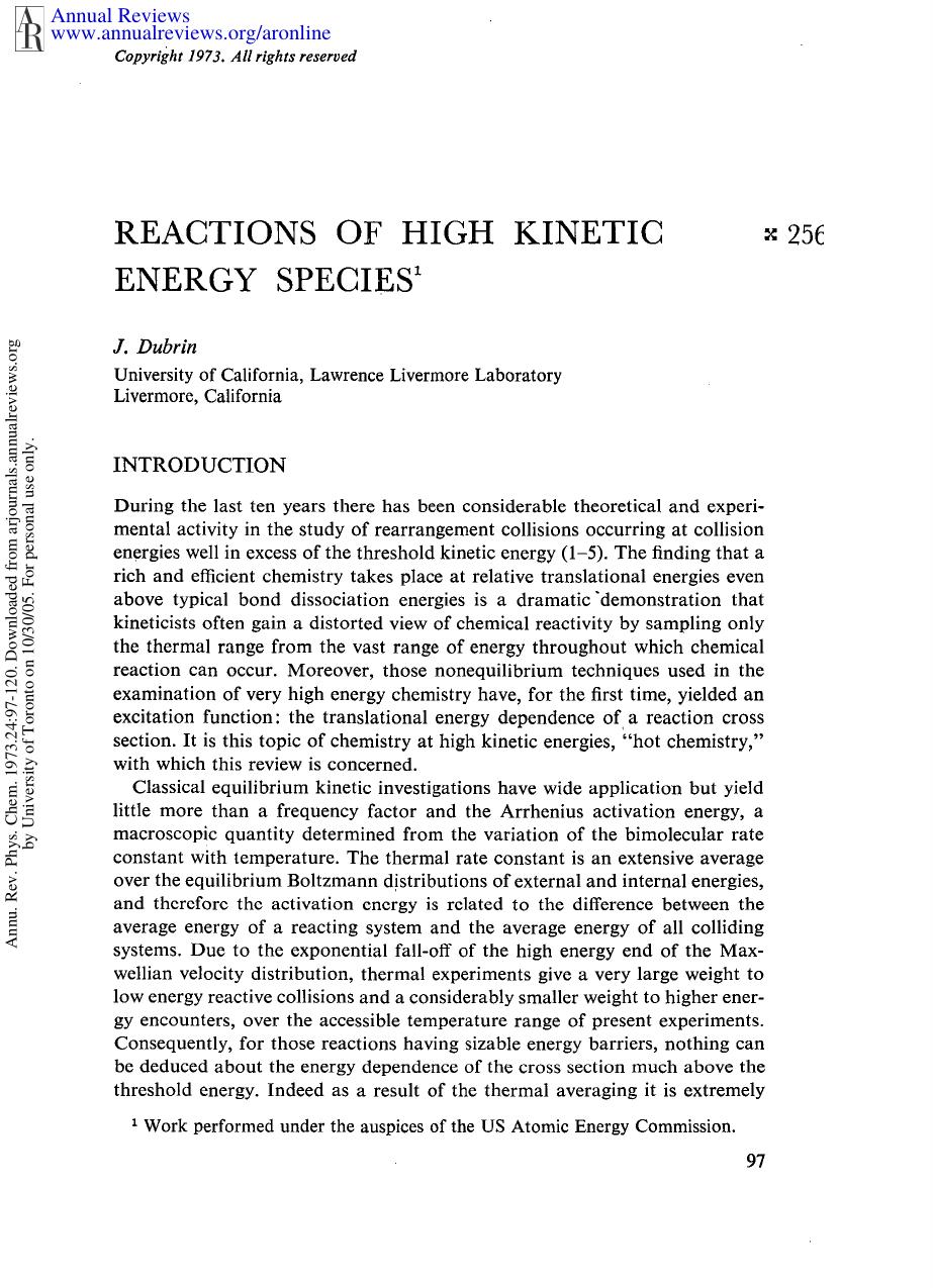 Reactions of High Kinetic Energy Species by J Dubrin