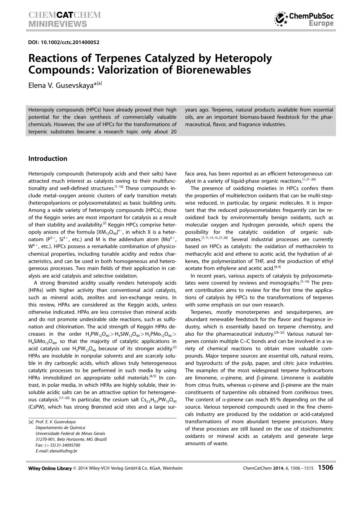Reactions of Terpenes Catalyzed by Heteropoly Compounds: Valorization of Biorenewables by Unknown