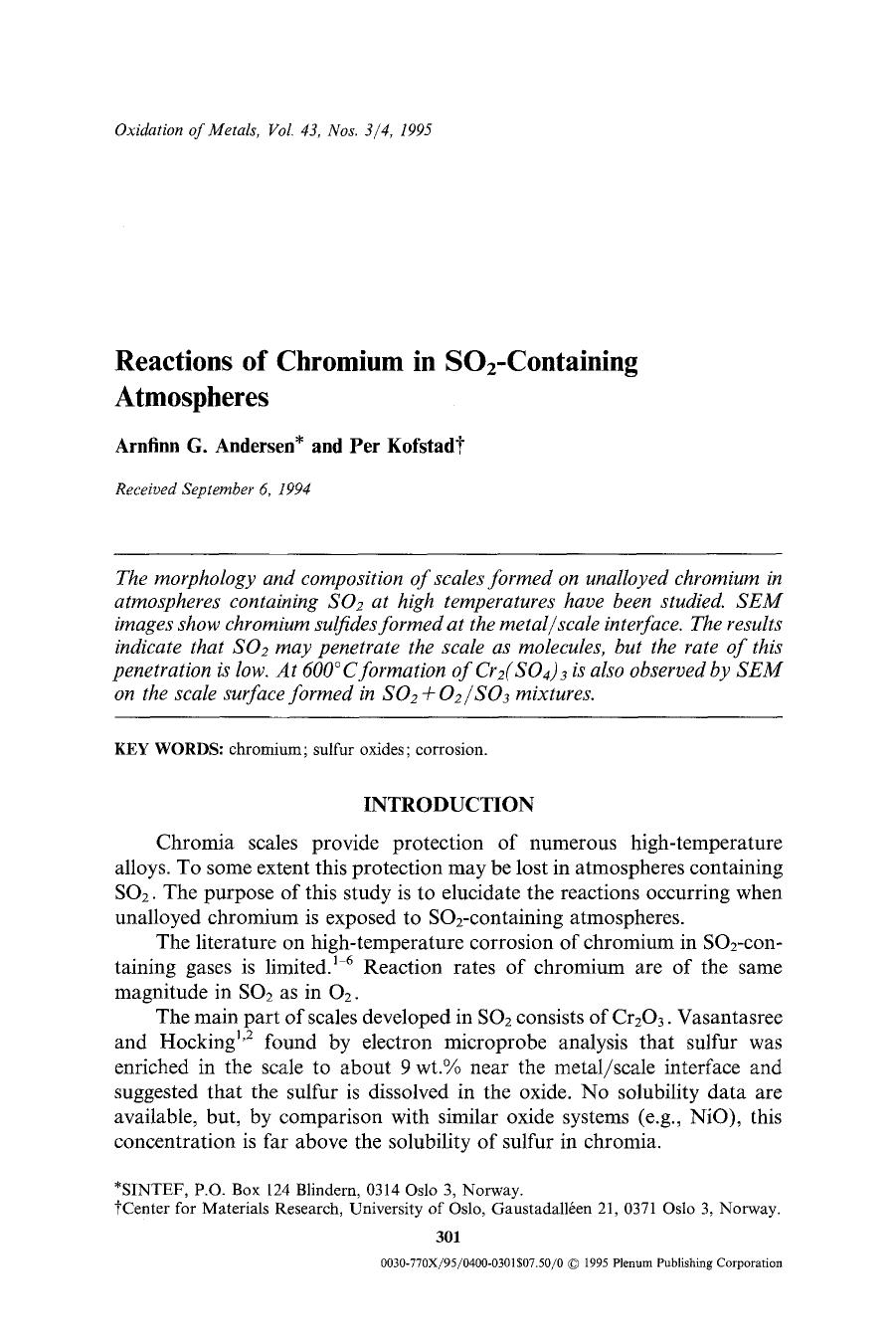Reactions of chromium in SO <Subscript>2 <Subscript>-containing atmospheres by Unknown