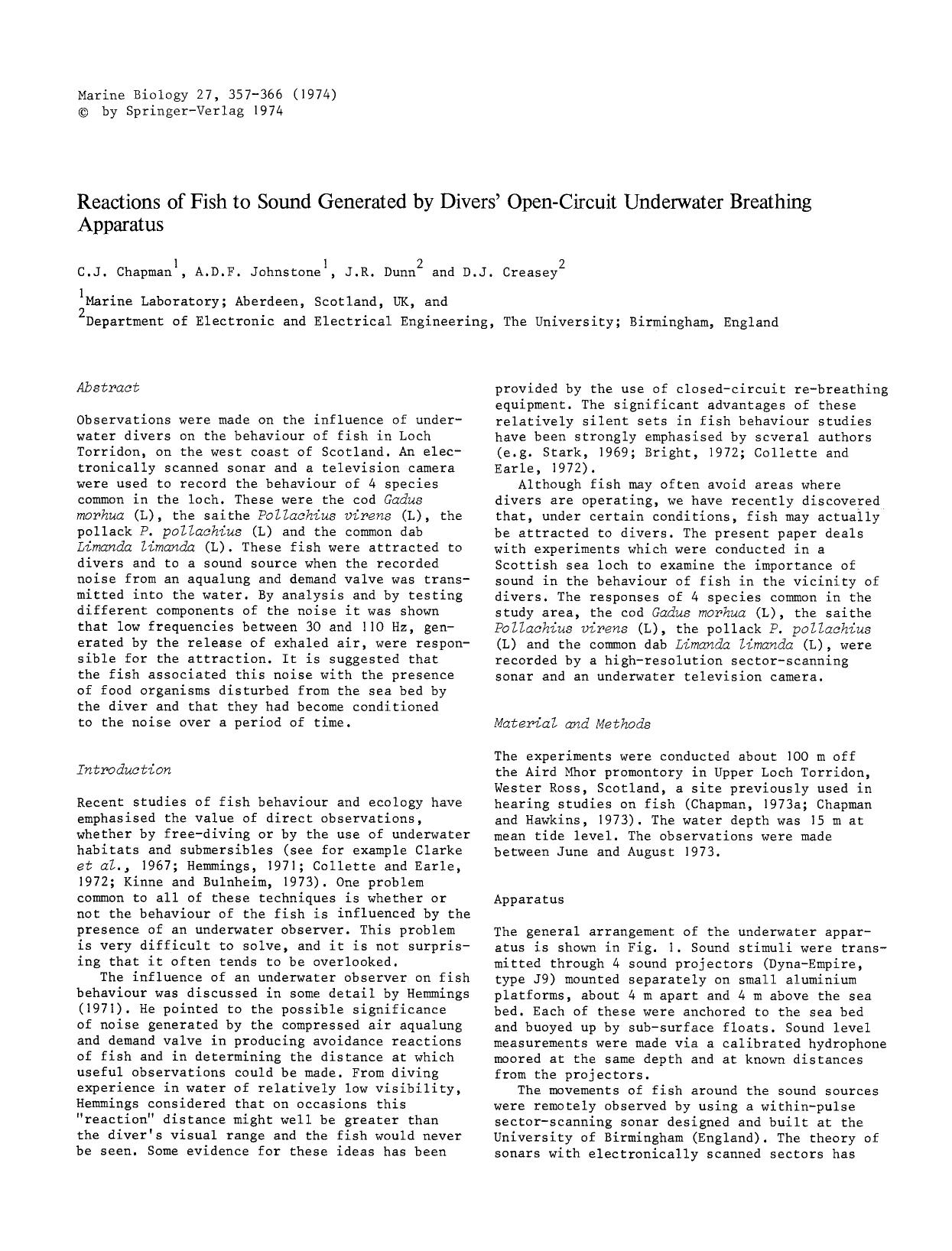 Reactions of fish to sound generated by divers' open-circuit underwater breathing apparatus by Unknown