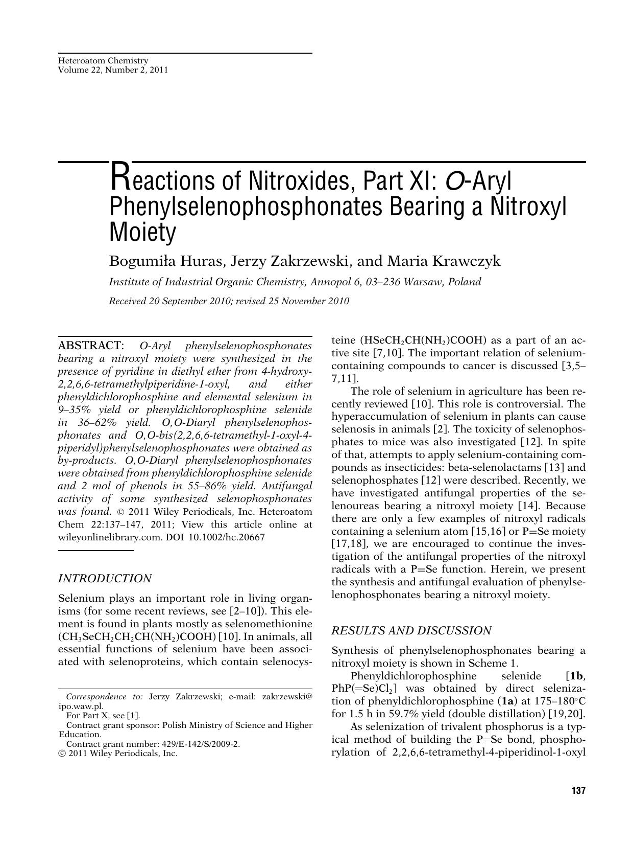 Reactions of nitroxides, part XI: OAryl phenylselenophosphonates bearing a nitroxyl moiety by s113TechBooks