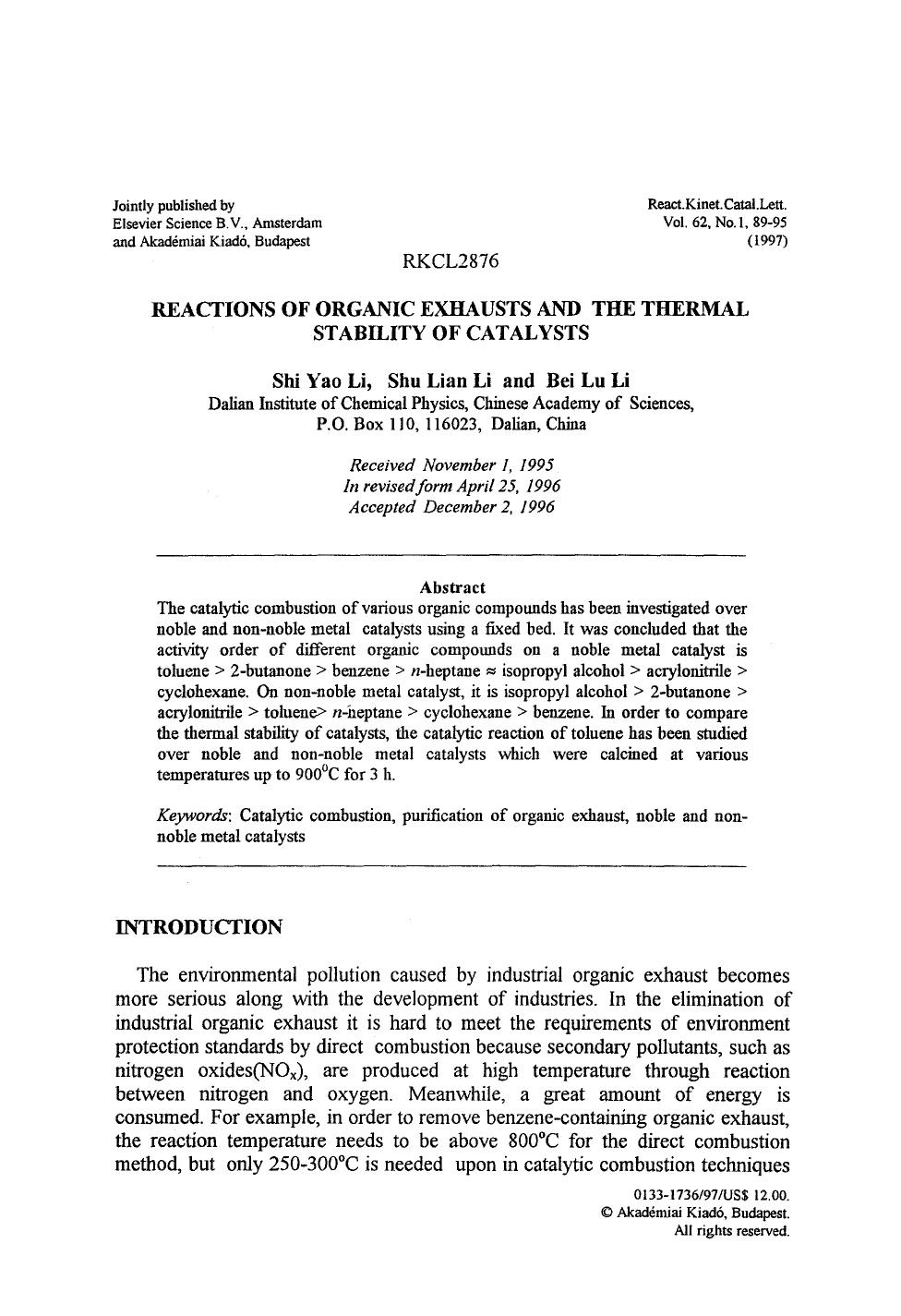Reactions of organic exhausts and the thermal stability of catalysts by Unknown
