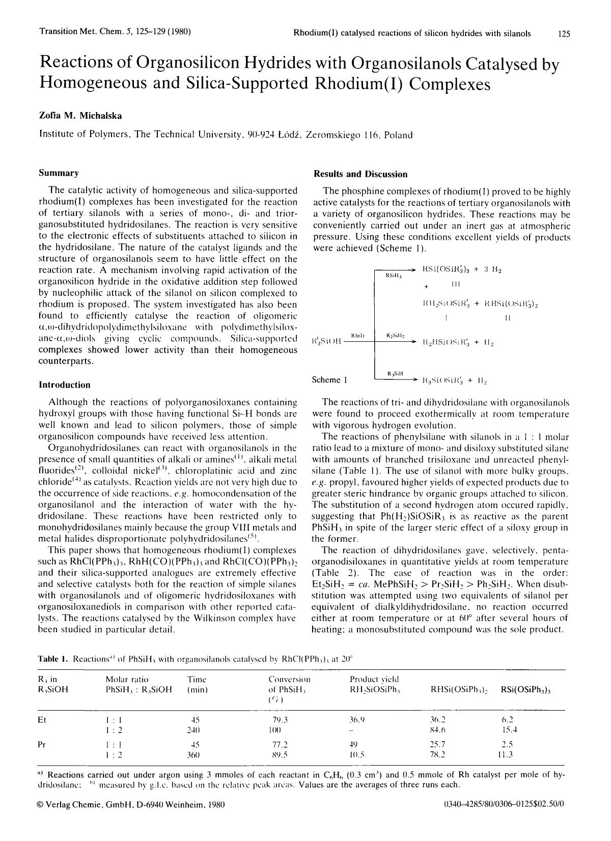 Reactions of organosilicon hydrides with organosilanols catalysed by homogeneous and silica-supported rhodium(L) complexes by Unknown