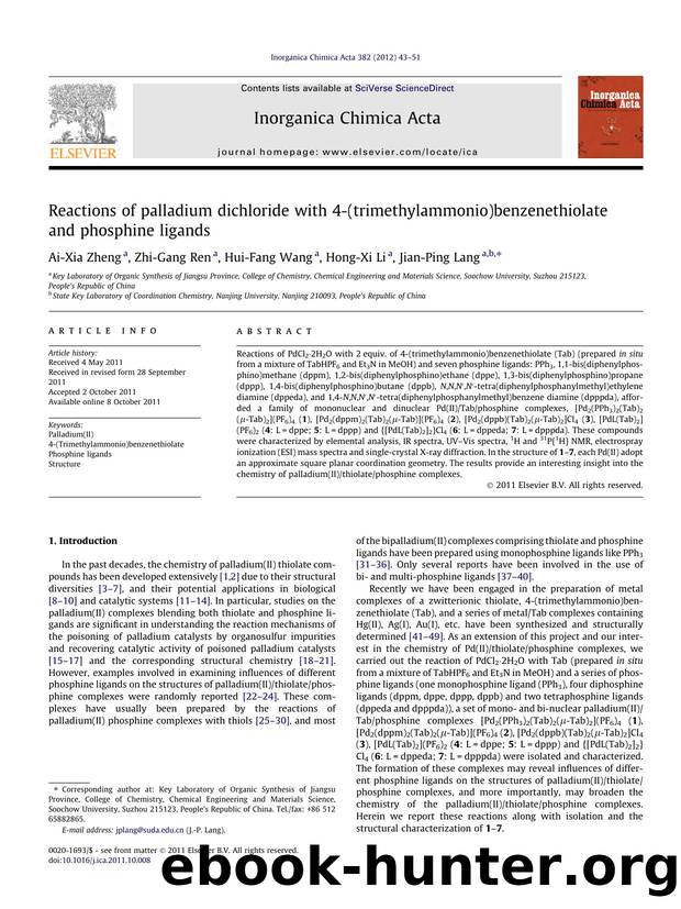 Reactions of palladium dichloride with 4-(trimethylammonio)benzenethiolate and phosphine ligands by Ai-Xia Zheng & Zhi-Gang Ren & Hui-Fang Wang & Hong-Xi Li & Jian-Ping Lang
