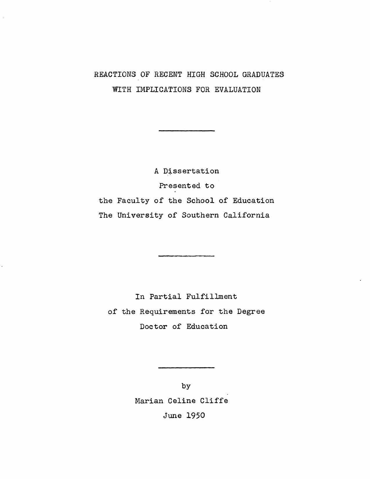 Reactions of recent high school graduates with implications for evaluations by Cliffe Marian Celine