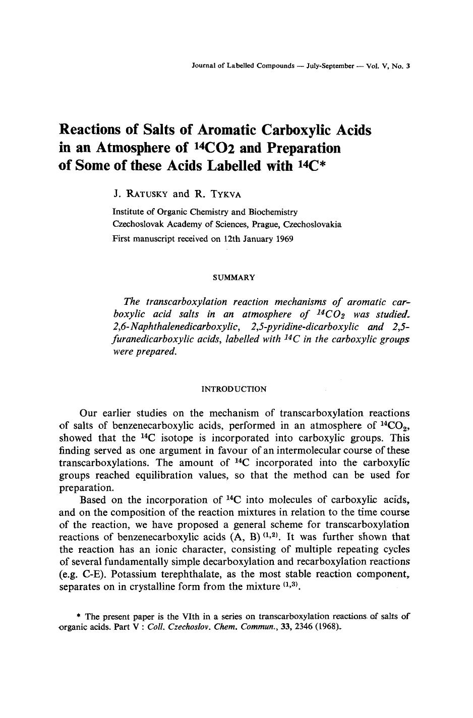 Reactions of salts of aromatic carboxylic acids in an atmosphere of 14CO2 and preparation of some of these acids labelled with 14C by Unknown