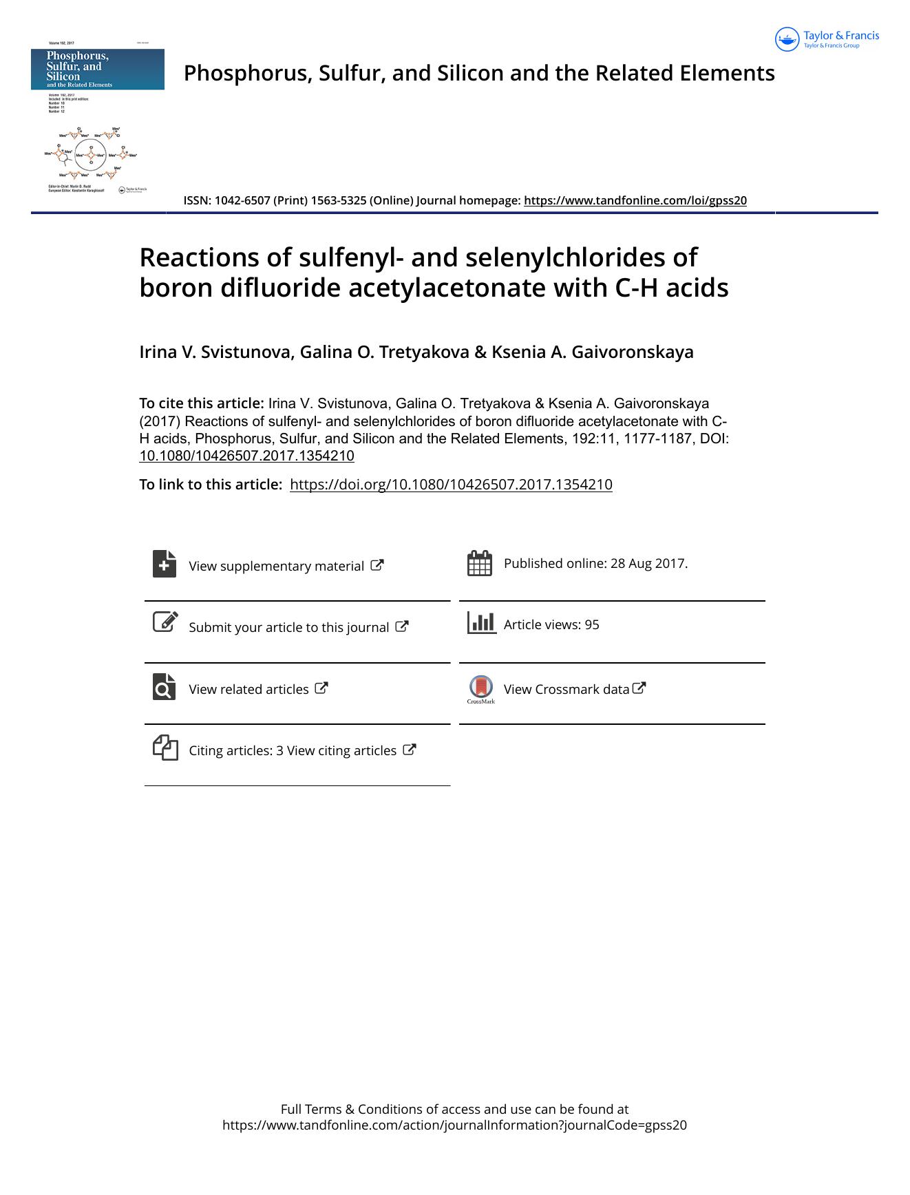 Reactions of sulfenyl- and selenylchlorides of boron difluoride acetylacetonate with C-H acids by Irina V. Svistunova & Galina O. Tretyakova & Ksenia A. Gaivoronskaya