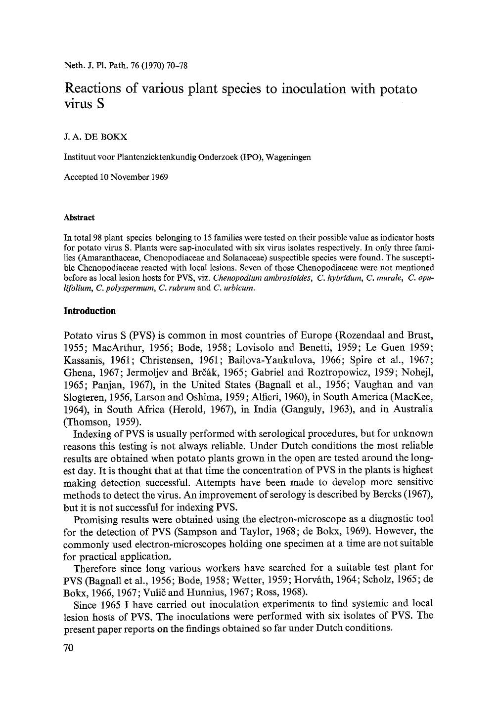 Reactions of various plant species to inoculation with potato virus S by Unknown