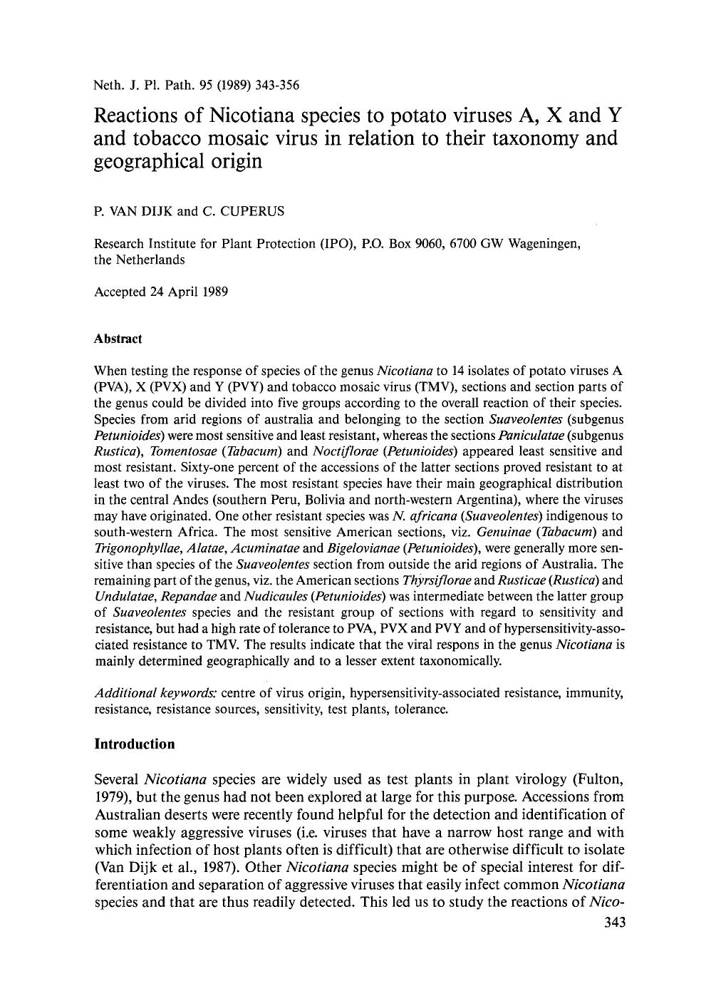 Reactions on Nicotiana species to potato viruses A, X and Y and tobacco mosaic virus in relation to their taxonomy and geographical origin by Unknown