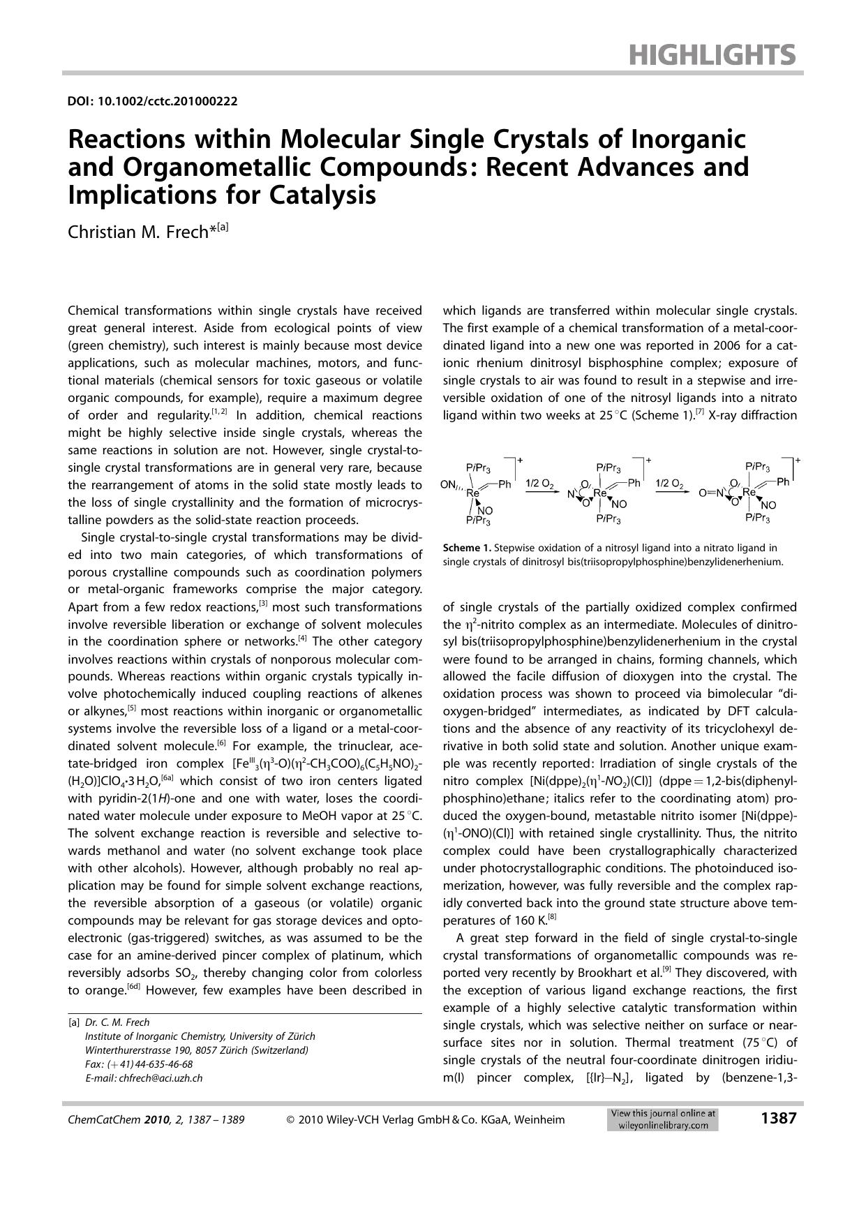 Reactions within Molecular Single Crystals of Inorganic and Organometallic Compounds: Recent Advances and Implications for Catalysis by Unknown