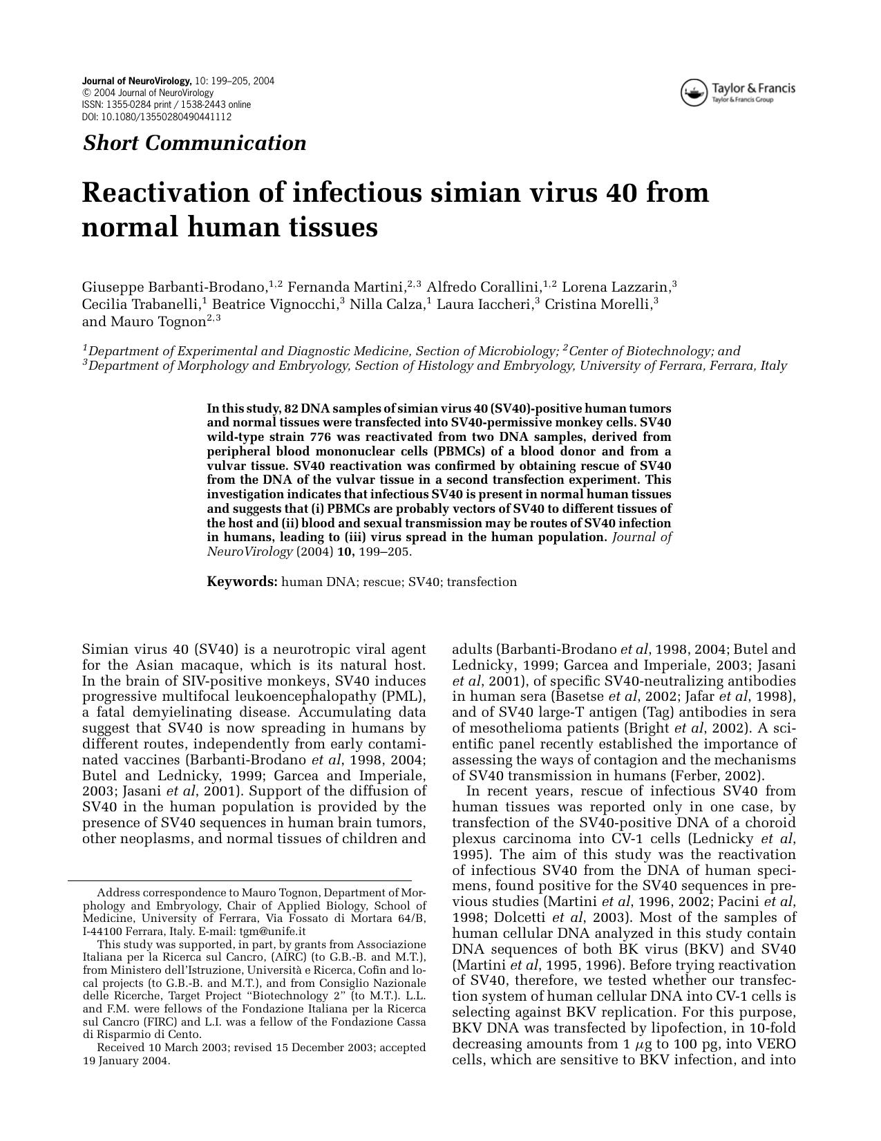 Reactivation of infectious simian virus 40 from normal human tissues by Unknown