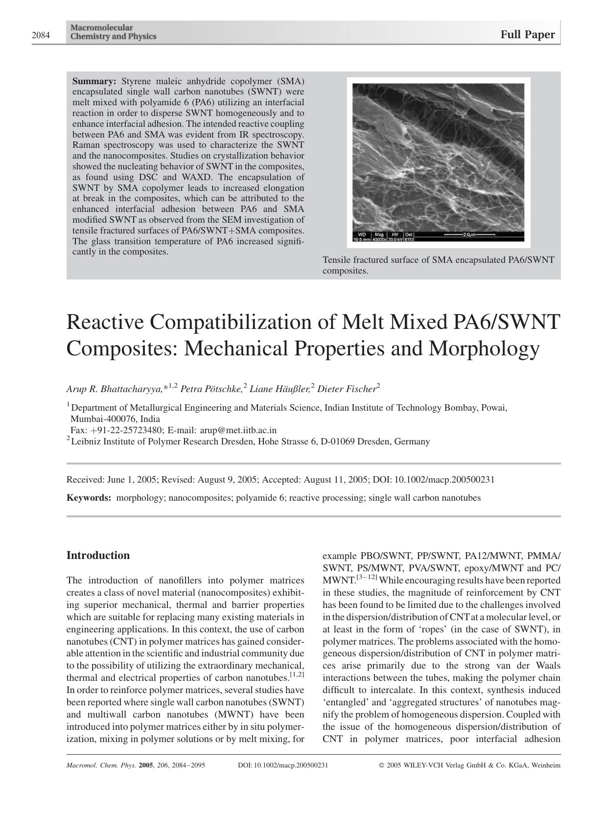 Reactive Compatibilization of Melt Mixed PA6SWNT Composites: Mechanical Properties and Morphology by unknow