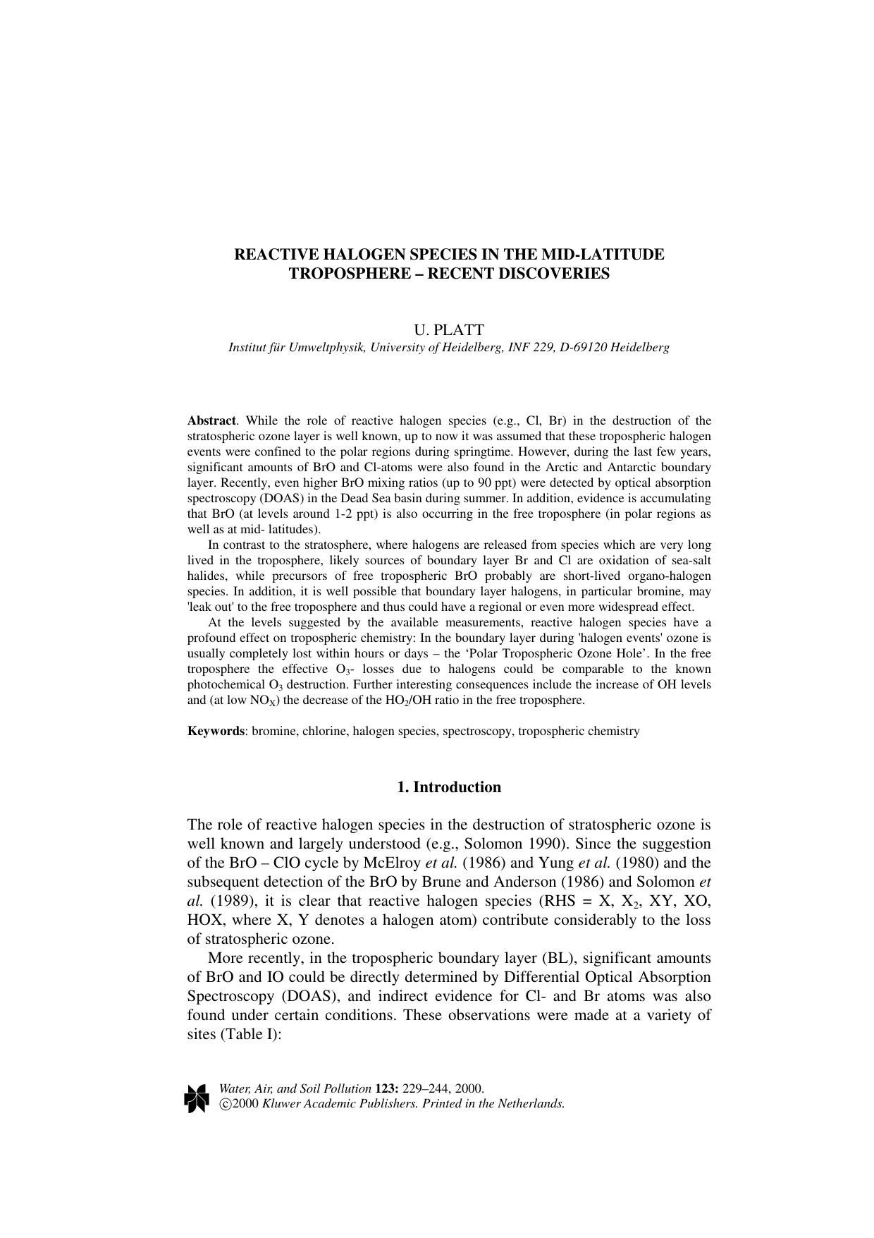 Reactive Halogen Species in the Mid-Latitude Troposphere — Recent Discoveries by Unknown