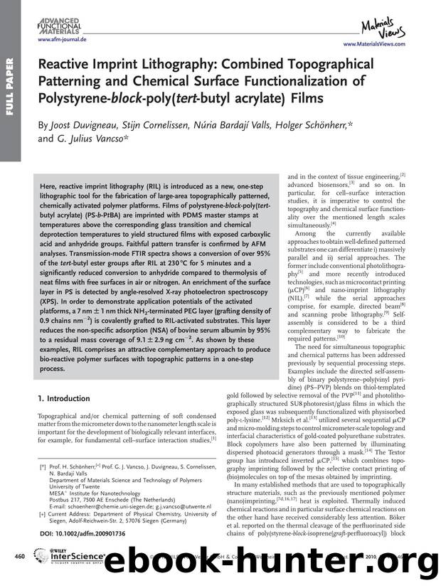 Reactive Imprint Lithography: Combined Topographical Patterning and Chemical Surface Functionalization of Polystyrene-block-poly(tert-butyl acrylate) Films by Unknown