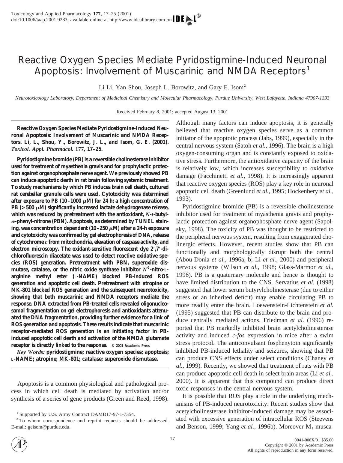 Reactive Oxygen Species Mediate Pyridostigmine-Induced Neuronal Apoptosis: Involvement of Muscarinic and NMDA Receptors by Li L. et al
