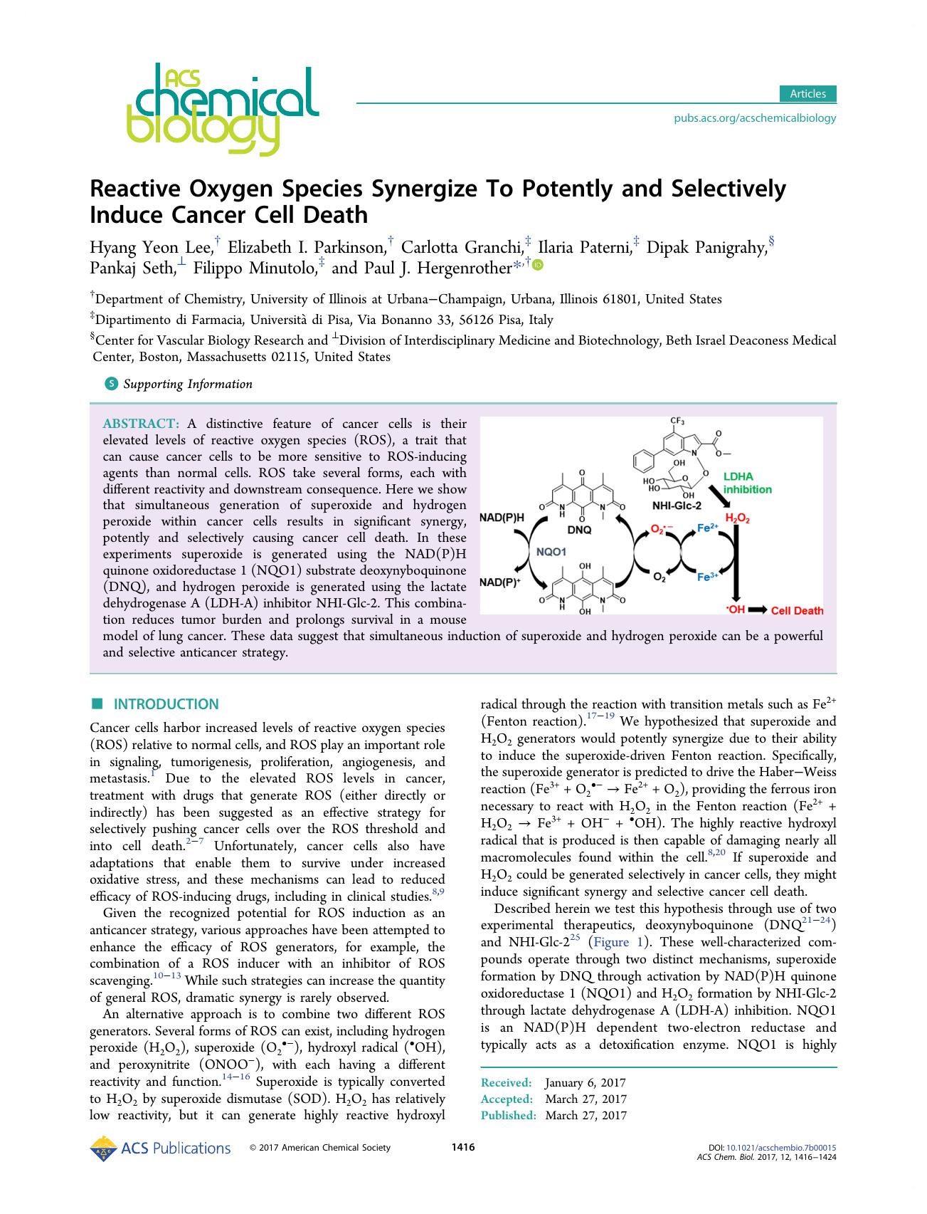 Reactive Oxygen Species Synergize To Potently and Selectively Induce Cancer Cell Death by unknow